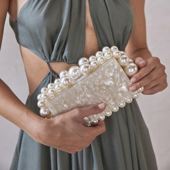 Cult Gaia Eos Beaded Acrylic Box Clutch in Pearl Woth Box Womens Ball Bag - Picture 14 of 16